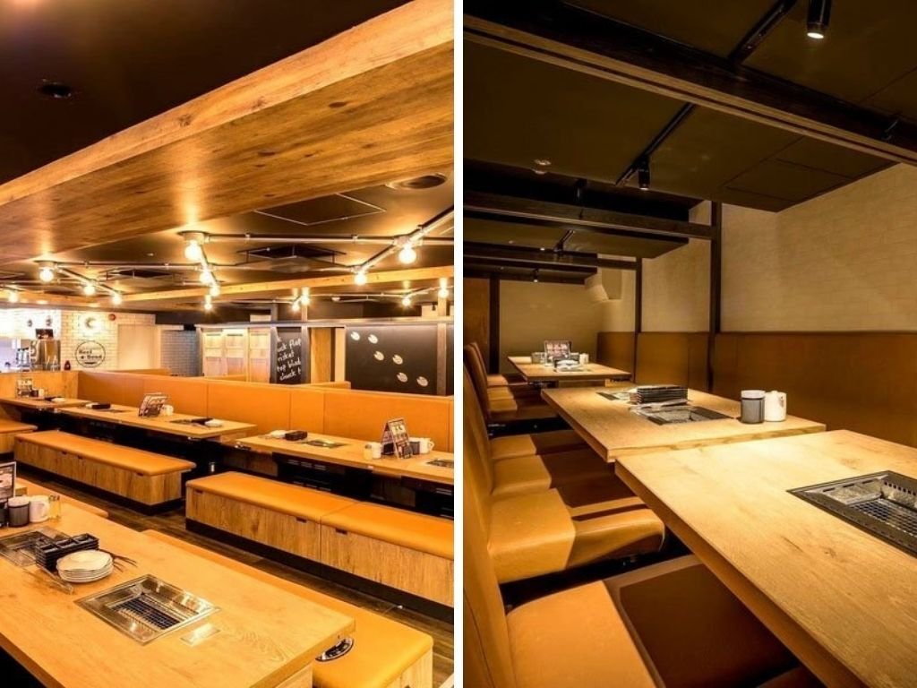 東京上野公園前燒肉餐廳「肉屋の台所 上野公園前店」窗邊座位可欣賞公園景色。