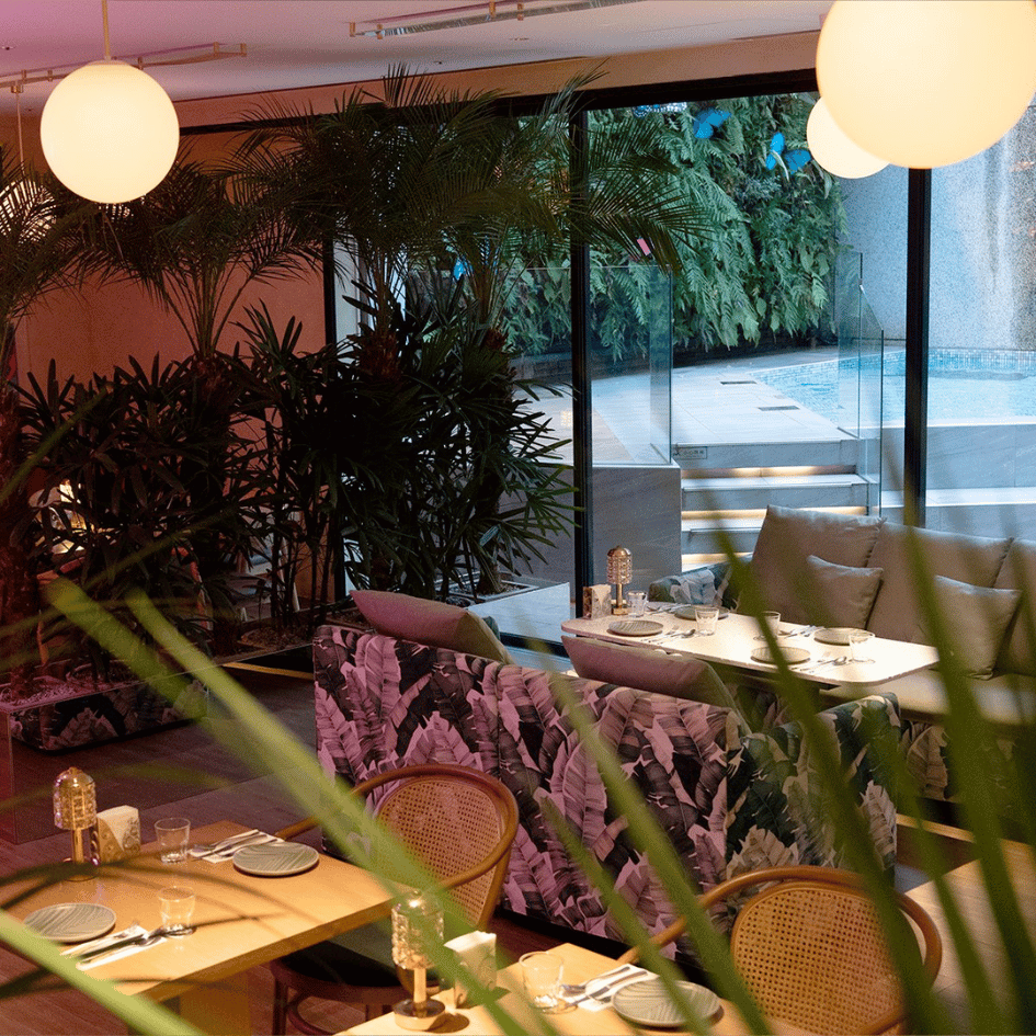 台北信義區 Flare Taipei 景觀餐廳,緊鄰戶外露天泳池與熱帶植栽,提供時尚放鬆的信義區池畔酒吧用餐氛圍